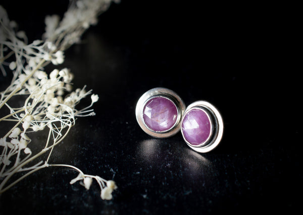Small Pink Sapphire Stud Earrings in Silver, e37