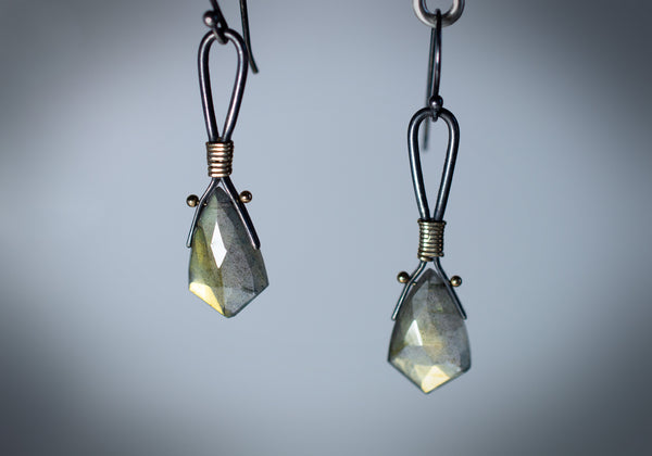 Greenish Gold Labradorite Gemstone Earrings in Oxidized Sterling Silver and 14k Gold, e14