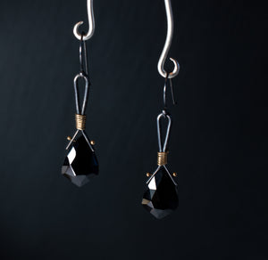 Black Spinel Gemstone Earrings in Oxidized Sterling Silver and 14k Gold, e14