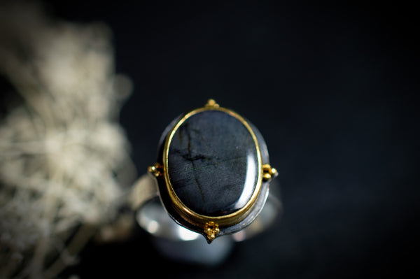 Elegant Spectrolite Ring with 22k Gold Details, F51