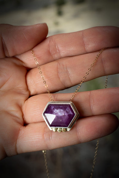 Pink Sapphire Hexagon with 18k gold accents, silver back and 14k gold chain, n97
