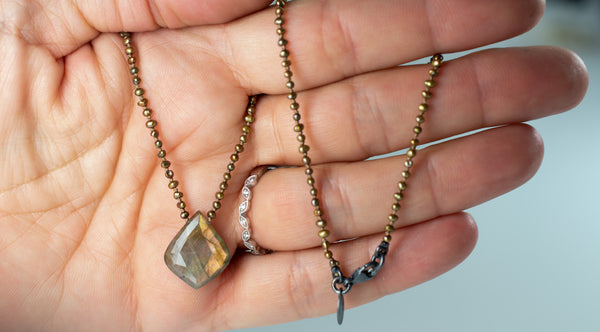 Labradorite Pendant Necklace with Hand-Knotted Golden Seed Pearls, g1n1