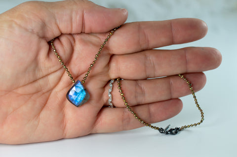 Labradorite Pendant Necklace with Hand-Knotted Golden Seed Pearls #2
