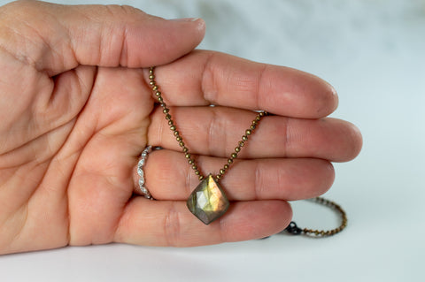 Labradorite Pendant Necklace with Hand-Knotted Golden Seed Pearls, #3
