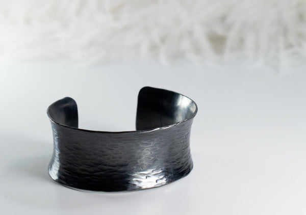 Black Anticlastic Sterling Silver Bracelet with Water Ripple Texture, Hand Wrought Hammered Silver Cuff Bracelet, w10