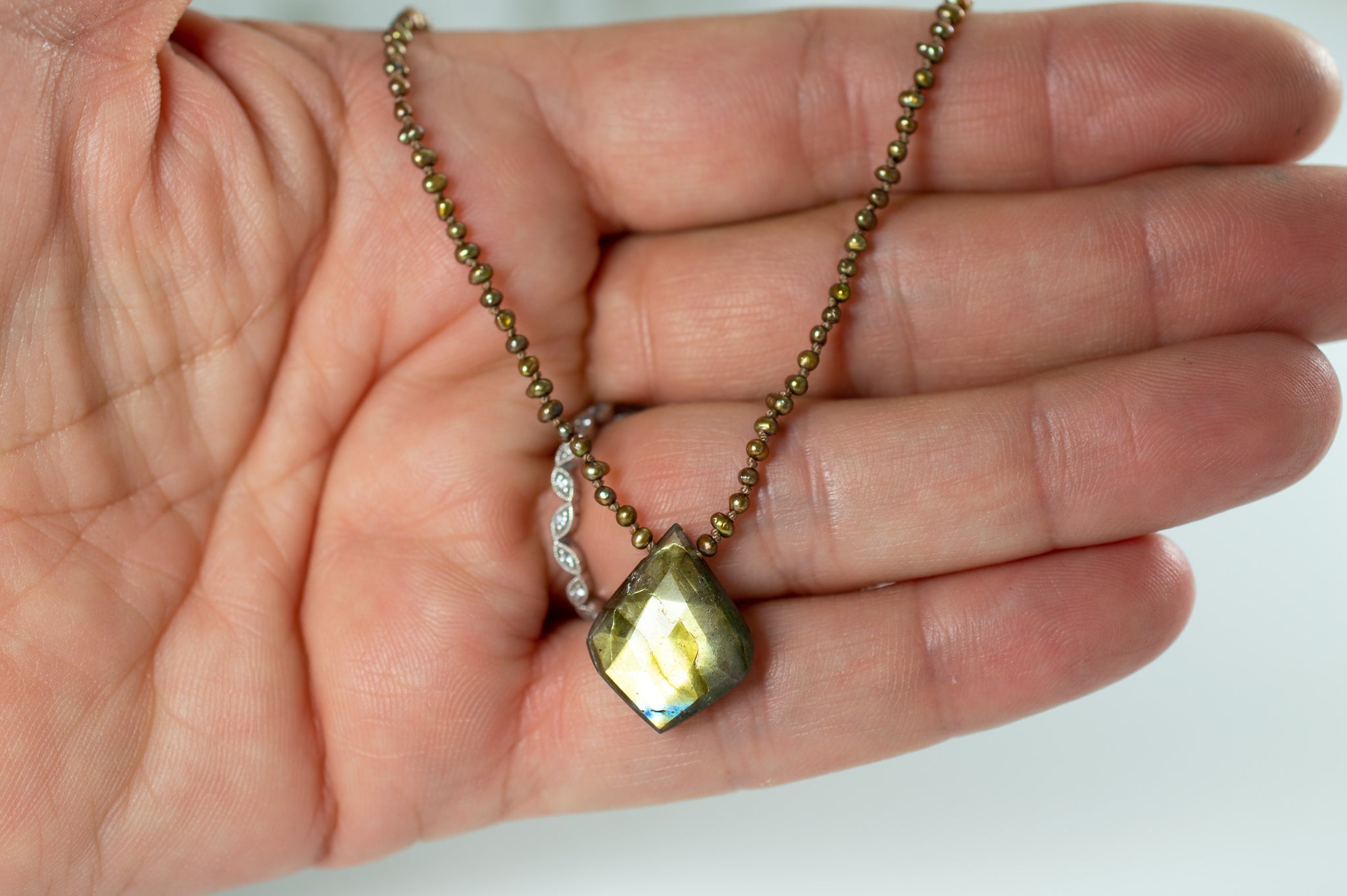 Labradorite Pendant Necklace with Hand-Knotted Golden Seed Pearls, #5