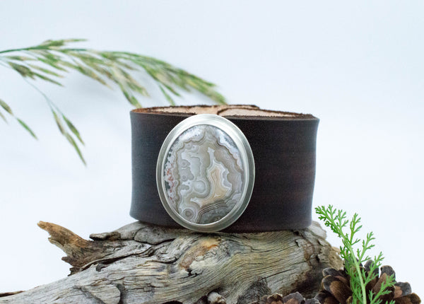 Crazy Lace Agate Silver and Leather Cuff, w17