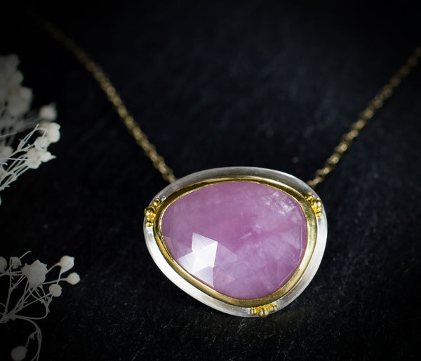 Pink Shiller Rose Cut Sapphire Pendant 22k Gold and Sterling Silver, n204