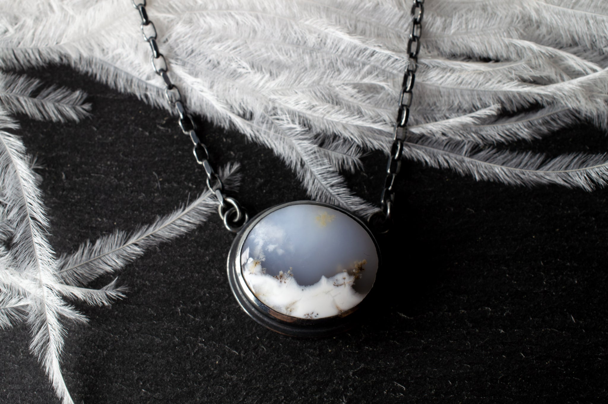 Snowy Dendrite Agate in Oxidized Sterling Silver, n170