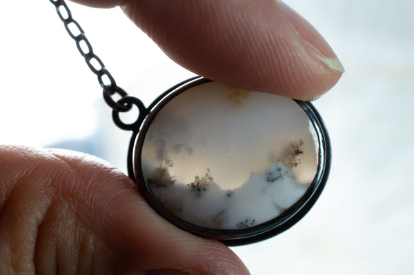 Snowy Dendrite Agate in Oxidized Sterling Silver, n170