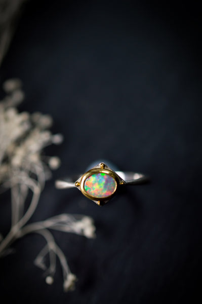 Australian Crystal Opal Ring in Sterling Silver with Warm 22k Gold, f39