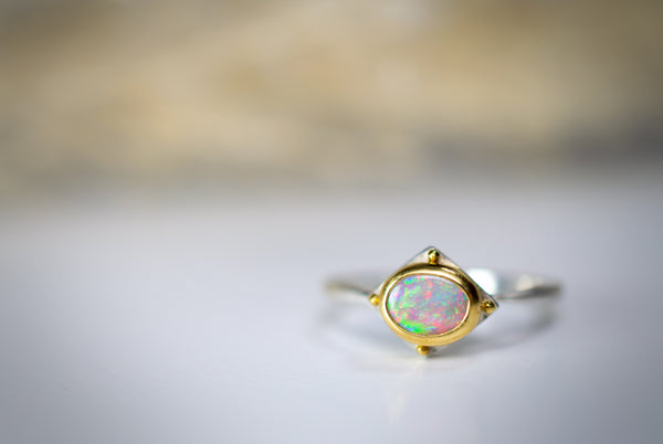 Australian Crystal Opal Ring in Sterling Silver with Warm 22k Gold, f39