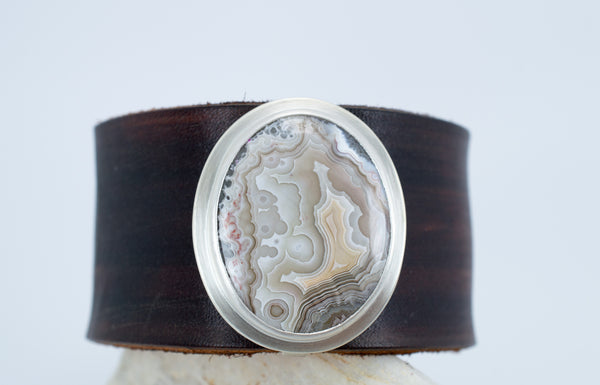 Crazy Lace Agate Silver and Leather Cuff, w17