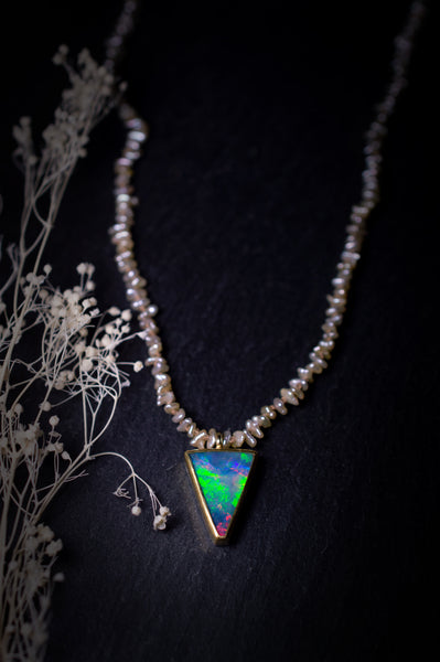 Australian Opal in 22k Gold Knotted with Akoya Keshi Pearls, n203