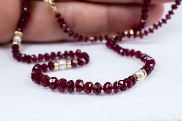 Natural Ruby Necklace with Freshwater Pearl and Solid 14k Gold Accents, n136