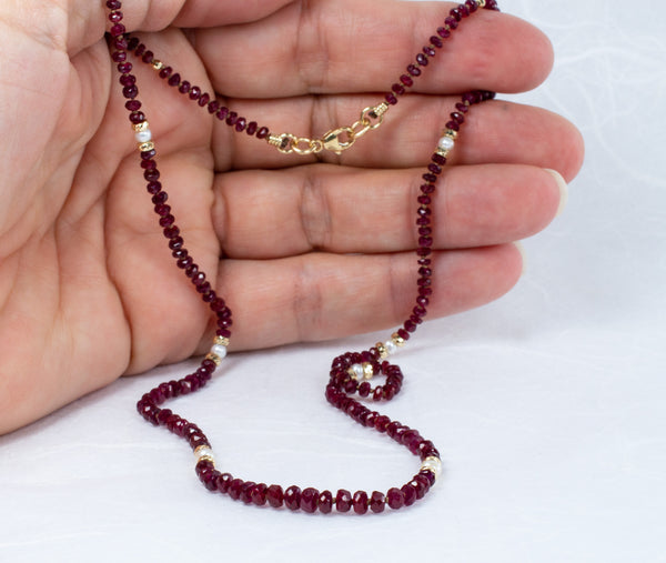 Natural Ruby Necklace with Freshwater Pearl and Solid 14k Gold Accents, n136