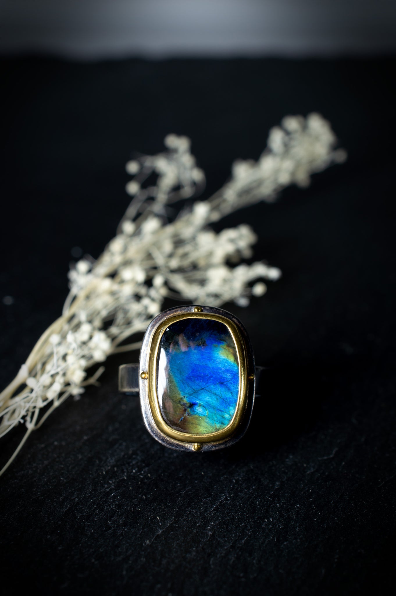 Spectrolite Ring with 22k Bezel and Granulation, f40