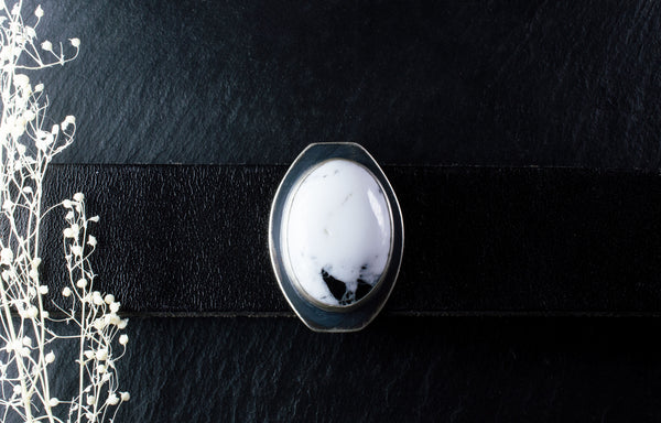White Buffalo Bracelet in Sterling Silver on Black Leather Cuff, w13
