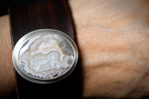 Crazy Lace Agate Silver and Leather Cuff, w17