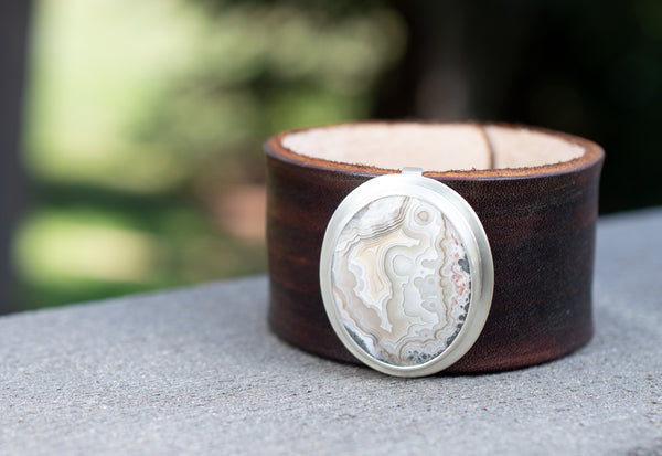 Crazy Lace Agate Silver and Leather Cuff, w17