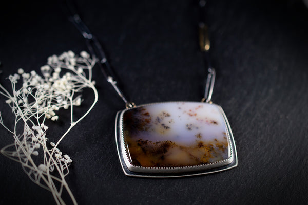 Autumn Scene Dendrite Agate Necklace with Handmade Paper Clip Chain, n33