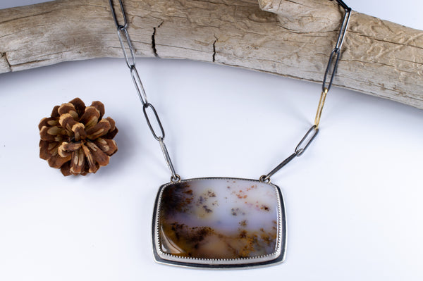 Autumn Scene Dendrite Agate Necklace with Handmade Paper Clip Chain, n33