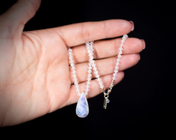 Rainbow Moonstone Beaded Necklace Hand Knotted on White Silk, n37