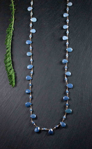Blue Opal Necklace, Ombre Owyhee Blue Opal Hand knotted Station Necklace, n52